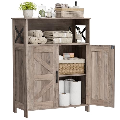 Homhedy Farmhouse Bathroom Storage Cabinet with 2 Doors, Toilet Paper Cabinet with Adjustable Shelf, Small Bathroom Cabinet for Kitchen/Laundry/Living Room, 11.8 x 23.6 x 31.5 Inches, Greige - color: Greige