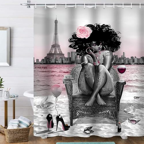 4Pcs Black Girls Bathroom Sets with Shower Curtain and Rugs, African Shower Curtain Set for Women, Eiffel Tower Pink Pattern Waterproof Fabric with 12 PCS Hooks, Cortina de baño Set completo - color: Pink