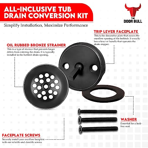 Trip Lever Bathtub Drain Kit with Strainer – 2-Hole Overflow Faceplate, Matching Screws – Tub Drain Trim Replacement Set for Bathroom Bathtubs - color: Matte Black