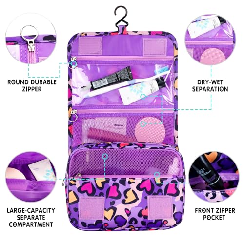 Kids Hanging Toiletry Bag for Girls, Travel Toiletry Bag for Little Young Girls Cosmetic Makeup Waterproof Wash Bag Toddler Traveling Toiletries, Leopard Purple - color: Leopard-Purple