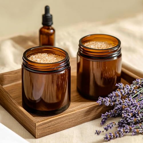 KEYWING 30Pack Amber Glass Jars with Black Lids, 8 oz Empty Cosmetic Jars with Inner Liners, Round Lotion Containers for Cream, Powders and Ointments - color: Amber, size: 8oz-30Pack