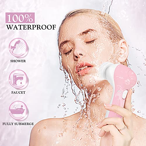 COSLUS Facial Cleansing Brush Silicone Face Scrubber: 7 in 1 FBS-D Electric Exfoliating Rotating Massage Device Waterproof Deep Cleaning Exfoliation Spa Machine - Electronic Skin Care Wash System - color: Pink, size: With 7 brush heads