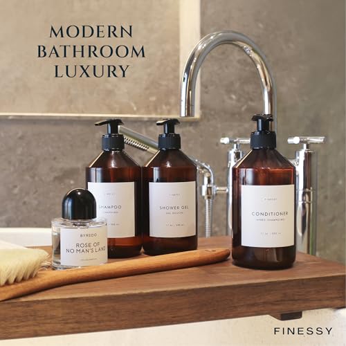 FINESSY Refillable Shampoo and Conditioner Dispenser Wall Bottles with Pump, Bathroom Body Wash Soap and Shampoo Dispenser for Shower Wall 3 Chamber No Drill, Shower Bottles Refillable with Labels - color: Luxe Amber