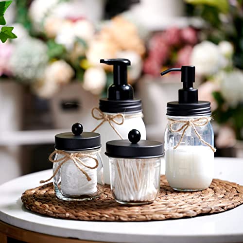 Amolliar Mason Jar Bathroom Accessories Set 4 Pcs -Lotion Soap Dispenser & 2 Cotton Swab Holders & Toothbrush Holder - Rustic Farmhouse Decor, Bathroom Home Decor, Perfect Decorating Idea (Black) - size: Black, style: Standard-mouth