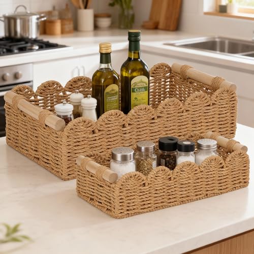 Set of 2 Paper Rope Scalloped Edge Decor Baskets, Small Storage Basket and Toilet Paper Basket for Toilet Paper Storage, Bathroom, Living Room, Bedroom & More, 2 Wooden Handles, Neutral