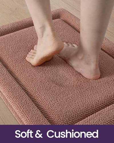 DEXI Memory Foam Bath Mat 36x24, Soft Absorbent Chenille Bathroom Rug, Non Slip Quick Dry Bath Mats for Bathroom, Thick Plush Floor Carpet for Tub Shower, Sink, Shrimp Red - color: Shrimp Red, size: 36" X 24" (Rectangular)