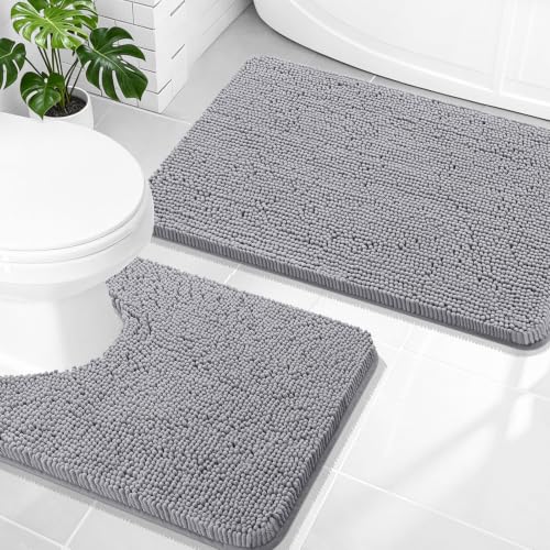 OLANLY Bathroom Rugs Sets 2 Piece, Soft Absorbent Chenille Bath Mats and U-Shaped Contour Toilet Mat Area Rug Set, Machine Washable Bath Carpet, Home Decor Accessories (30"x20"+24"x20", Grey) - color: Grey, size: 30" X 20" + U24" X 20"