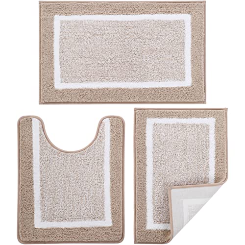 Bathroom Rugs Sets 3 Piece with U-Shaped Contour Toilet Mat Shower Rugs Absorbent Microfiber Plush Bath Mats Non Slip Bath Rugs Shaggy Floor Mats Machine Washable - color: Beige
