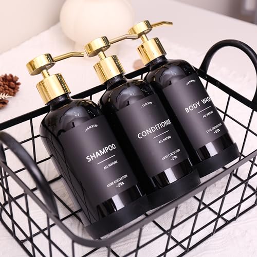 Shampoo and Conditioner Dispenser Set of 3,Refillable 21oz Shampoo Bottles with Non-Slip Protective Silicone Pad,Shower Soap Dispenser with Waterproof Labels for Bathroom (Black) - color: Black Bottles + Gold Pumps
