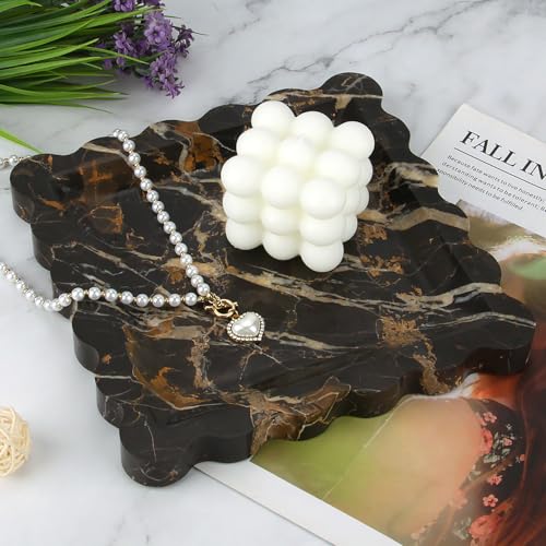 Square Marble Decorative Tray with Scalloped Edge,Luxury Natural Stone Bathroom Vanity Tray, Dresser Top Perfume Coffee Home Kitchen Toilet Sink Tray, Key Trinket Ring (Black Gold, 8 * 8) - color: Black Gold, size: 8" x 8" x 0.8"