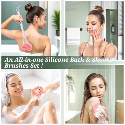 Silicone Back Body Face Scrubbers Set 4PCS, 15.35’’ Back Scrubber Soft Body Scrubber for Dual-Side Usage, Easy-to-Hold Soft Bath Glove & Face Scrubber for Good Foaming Deep Cleaning(Pink) - color: Pink*4