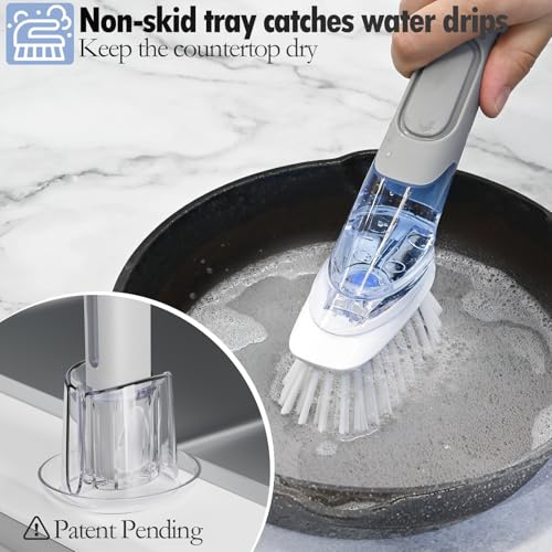 Soap Dispensing Replacement Dish Brush Storage Set with 2 PCS Brush Refills & Holder - RIMAY Dispenser Scrub Cleaning Scrubber Kitchen Dishwashing Dish Wand Handle for Dishes/Pans/Pots/Sink(Grey) - color: Gray