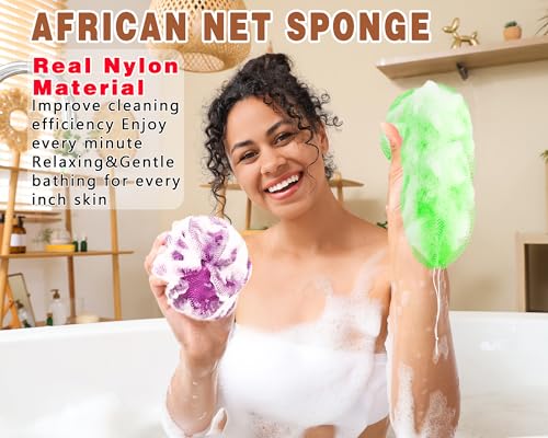 2 Pack African Net Sponge Exfoliating Body Scrubber Bath Sponge for Daily Use (Light Purple + Light Green) - color: Light Purple + Light Green