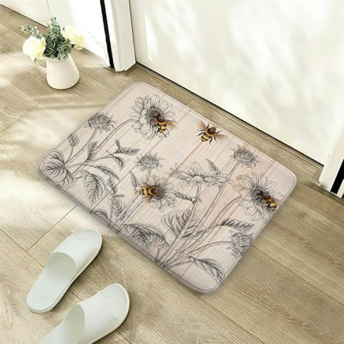 Country Bee Farmhouse Honeybee Flowers Floral Sunflower Bath Rug, Non-Slip Microfiber Soft Plush Modern Bathroom Mat Carpets Floor Mat for Bedroom Kitchen Bathroom Toilet 17x29 Inch - color: Yellow