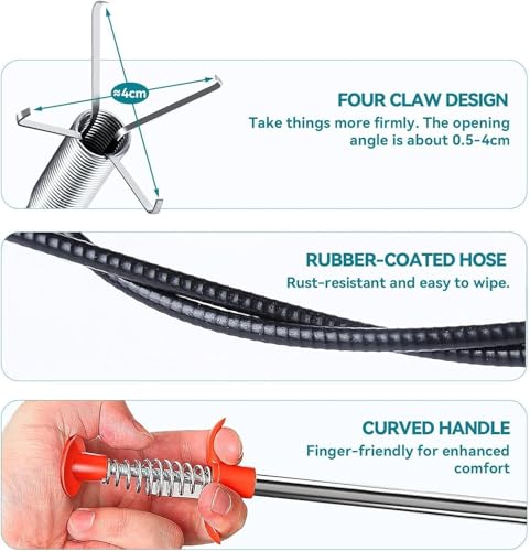 116" Drain Snake, Flexible Grabber Claw for Sink Shower Bathtub, Tight Space Drain Hair Removal Tool - color: 116inch