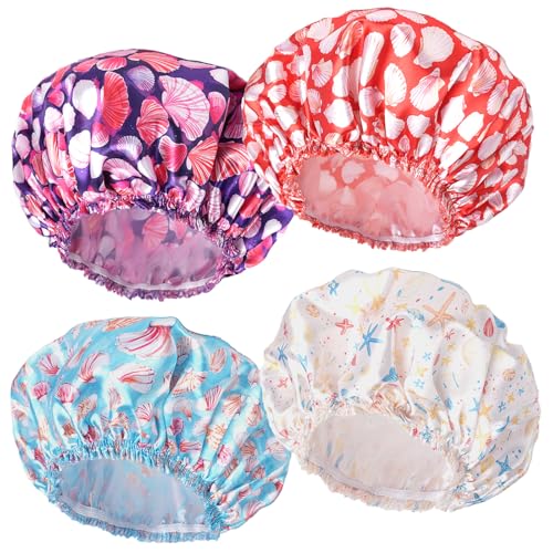 Shower Caps for Women, 4 PCS Elastic and Reusable Bath Caps, Double Layers Shower Cap Reusable Waterproof, Bathing Shower Caps, Environmental Bath Hair Protection Cap - Shell - color: Shell