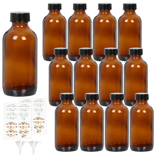 STARSIDE 12 Pack 8 oz Amber Glass Bottles with Lids, 240 ml Round Boston Bottles for Essential Oils, Hot Sauce, Juice, Liquids, Include 2 Funnel, 12 Labels. - size: M