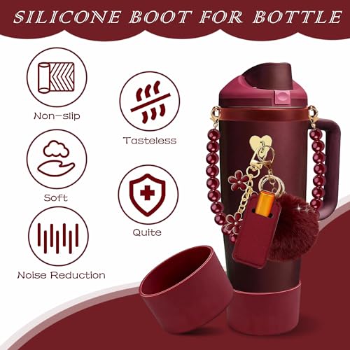 Compatible for Owala Accessories Bundle: Silicone Boot for FreeSip Sway 30oz & 40oz Bottles, Charms, Pearl Handle Strap, Rubber Bottom & Decorative Add-ons - color: Black cherry