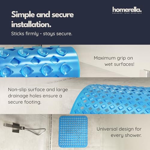 homerella® Shower Mat Non Slip Anti Mold, Non Slip Shower Mats for Inside Shower Stall Anti Slip Mat, Square Shower Floor Mat 21 x 21 in with Suction Cups & Hooks for Quick Drying, Machine Washable - color: Clear Blue