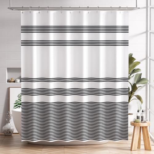 AmazerBath Shower Curtain, Washable Cloth Black Shower Curtain Sets with 12 Shower Curtain Hooks, Fabric Rustic Black and White Striped Curtain, Farmhouse Bathroom Curtains, 72x72 Inches - color: A- Black Stripe +12 Metal Hooks, size: 72"W x 72"L (Pack of