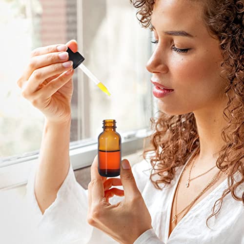 48 Pack 1oz Amber Glass Bottles with Glass Eye Droppers for Essential Oils, Perfumes & Lab Chemicals (Brush, Funnels, 2 Extra Droppers, 54 Pieces Labels & 30ml Measuring Cup Included) - color: Amber-48pack