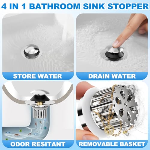 Universal 3 in 1 Bathroom Sink Drain Strainer,Pop Up Bathroom Sink Stopper with Removable Filter Basket,Sink Hair Catcher,Bathroom Drain Stopper Sink Plug for 1.1"-1.65" Basin Drain Holes (Sliver) - color: Sliver