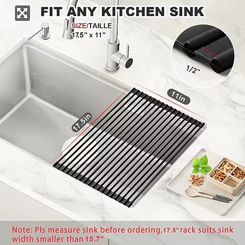 MERRYBOX Roll Up Over The Sink Dish Drying Rack Silicone Wrapped Foldable, Heat-Resistant, Anti-Slip Sink Rack Multipurpose Dish Drainer for Kitchen Sink Counter - Black, 17.5" x 11" - color: Rectangle-black, size: Rectangle: 17.5" x 11"