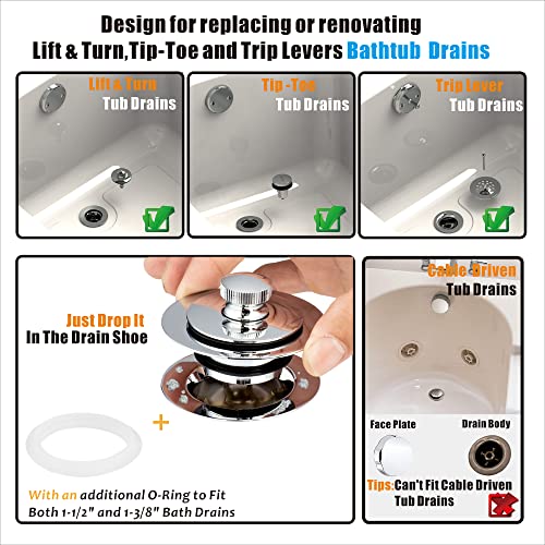 Artiwell Universal Lift and Turn Bath Drain Stopper and Cover, Bathtub Drain Stopper, Replaces Lift and Turn, Tip-Toe and Trip Lever drains for Tub, EZ Installation and Clearing (Chrome Plated) - color: Chrome Plated