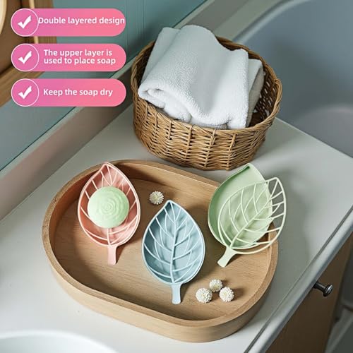 Leaf-Shaped Soap Dish Set, 2-Tier Soap Holder Drain Rack, Leaf Design - No Drill Wall Mount, Detachable Bathroom Organizer for Shower Sink (Pastel Green/Blue/Pink)
