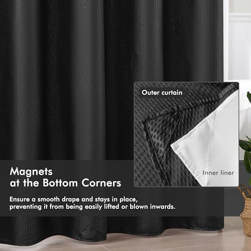 Mrs Awesome No Hook Shower Curtain with Snap-in Liner Less Time On/Off, Embossed Waffle-Look Textured Fabric Shower Curtain for Bathroom, Soft & Lightweight, 71x74, Black - color: Black, size: 71"W x 74"L (Pack of 1)