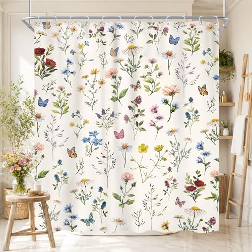 Vintage Floral Shower Curtain 60Wx72L Inch Boho Beige Flowers Colorful Wildflowers Rustic Plants Botanical Herbs Butterfly Girls Bathroom Set Spring Bath Curtain Bathtub Accessories Home Decor - color: D 01 Beige, size: 60"W x 72"L (Pack of 1)