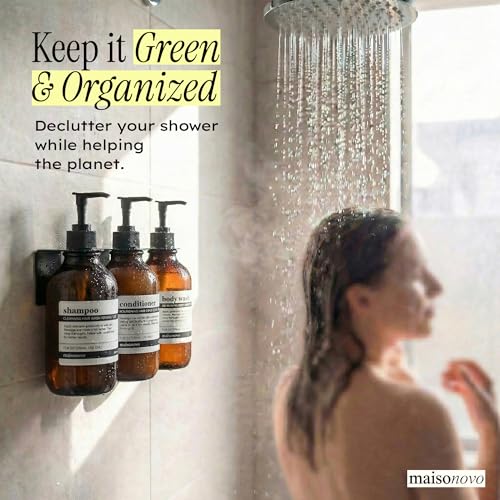 Shampoo and Conditioner Dispenser Wall Mounted Set of 3 Amber Black - No Drill Shower Soap Dispenser for Bathroom Refillable - Spa Hotel Style Accessories by MaisoNovo - color: Amber Classic Set of 3