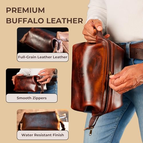 NomadCraftsCo. Premium Leather Travel Toiletry Bag for Men and Women, King-Size Dopp Kit with Waterproof Lining, Mens Toiletry Travel Bag - color: Brown
