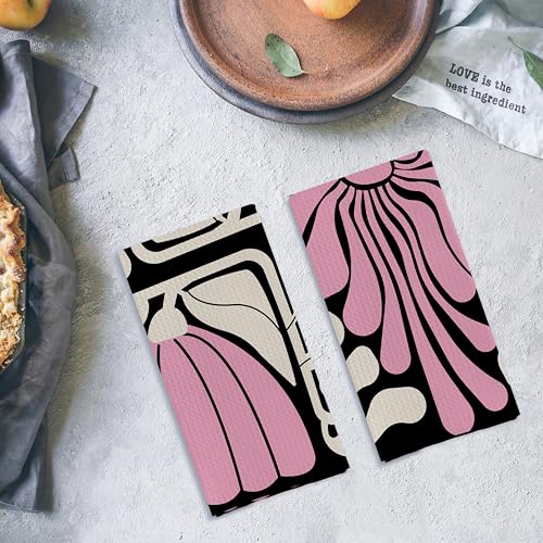 Abstract Boho Pink and Beige Floral Kitchen Towels Set of 2, Retro 70s Groovy Floral Hand Towels for Bathroom Decor, Modern Minimalist Botanical Dish Tea Towels for Kitchen Decor, 16x24 Inch - color: Boho Pink and Green