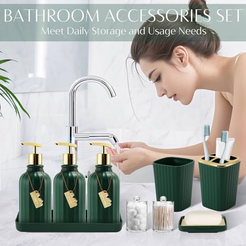 17PCS Bathroom Accessories Set, Dark Green Bathroom Set Bathroom Accessories Set with Trash Can, Toilet Brush, Toothbrush Holder, Qtip Holder & 3PCS Soap Dispenser - size: Bath Set with Press-Top Trash Can, style: Dark Green