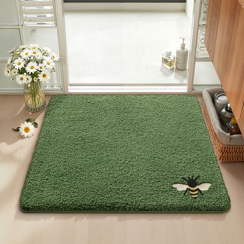LUMI Green Bathroom Rugs, Cute Bee Mats, Absorbent Soft Square Bath Mat Non-Slip, Machine Washable Quick Dry Luxury Rug for Floor, Shower, Kids Room, Bathtub, Home Decor, 32"x32" - color: A-green Bee, size: 32"x32"(Square)