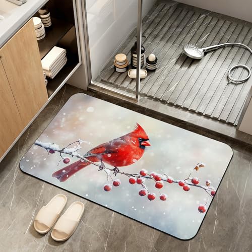 Bath Mat,Red Cardinal Bathroom Rugs,Quick-Drying Non-Slip Rubber Bath Mats Absorbent Diatomaceous Earth Mat for Bathroom Home Decor 17"x29.5" - color: Red Cardinal