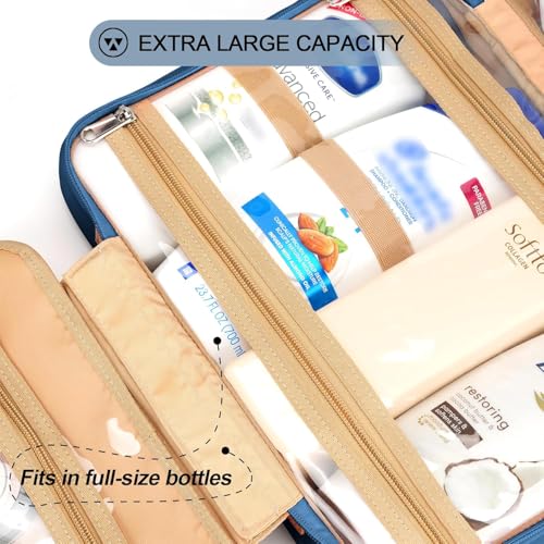 Travel Hanging Toiletry Bag for Women, Extra Large Makeup Bag, Holds Full-Size Shampoo, with Jewelry Organizer Compartment, Waterproof Cosmetic Bag, Toiletries Kit Set with Trolley Belt, Navy Blue - color: Navy Blue, size: Large