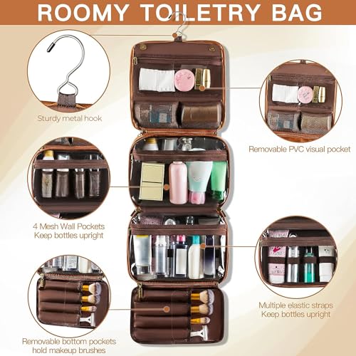 Elviros Hanging Toiletry Bag for Men PU Leather Shaving Dopp Kit (Brown) | 3-in-1 Waterproof Travel Organizer with Separate Compartments for Grooming Items, Toiletries, and Daily Essentials - color: Brown, size: 1 Pack
