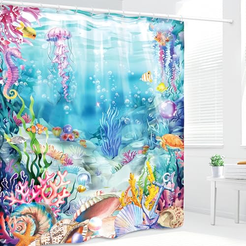 Ocean Sea Underwater Shower Curtain 60Wx72L Inch Undersea Nautical Jellyfish Seahorse Coral Shell Marine Beach Bathroom Set Accessories Decor with 12 Pack Hooks - color: Colorful Underwater, size: 60"W x 72"L (Pack of 1)
