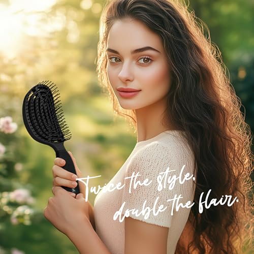 NuWay® DoubleC® Detangling Hair Brush – The Original Home Scalp-Care Brush – Patented Double Curved Scalp Care Hairbrush for Gentle Detangling, Volume Styling & Wet or Dry Hair (Classic Black) - color: Classic Black