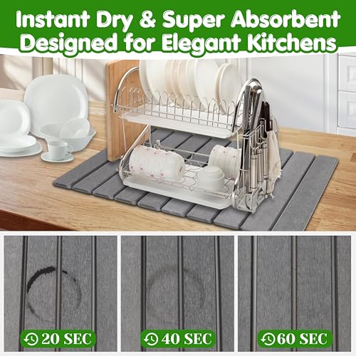 Stone Dish Drying Mat for Kitchen Counter 24x16 Grey, Quick Dry Stone Mat Kitchen, Large Stone Drying Mat for Dishes, Cups & Sink Counter, Drying Stone for Kitchen Counter