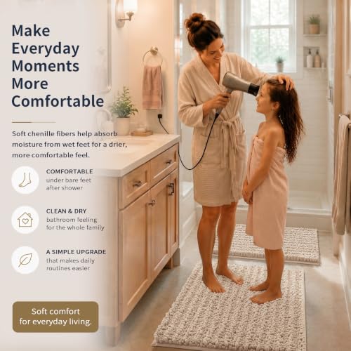 Yimobra Bathroom Rug Set 3 Piece - Super Absorbent Quick Dry Chenille Bath Mats & Toilet Rug, Non Slip Machine Washable, Extra Thick Shaggy Floor Mat for Shower Tub Sink, Light Brown - color: Light Brown, size: 24"x17" + 24"x20" + 30"x20"
