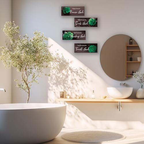 ONIZHITY 4Pcs Green Bathroom Decor Religious Wall Art Bible Verse Inspirational Rose Wall Decor Rustic Wooden Christian Sign for Home Bathroom Office Bedroom Living Room Kitchen(Green 10x4) - color: Green Rose