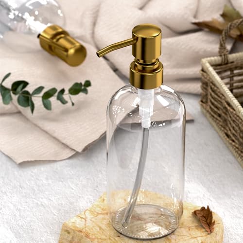 AmazerBath Soap Dispenser, 2 Pack Glass Soap Dispenser with Pump Stainless Steel, 17 Oz Clear Gold Hand Soap Dispensers for Bathroom and Kitchen - color: Cear & Gold