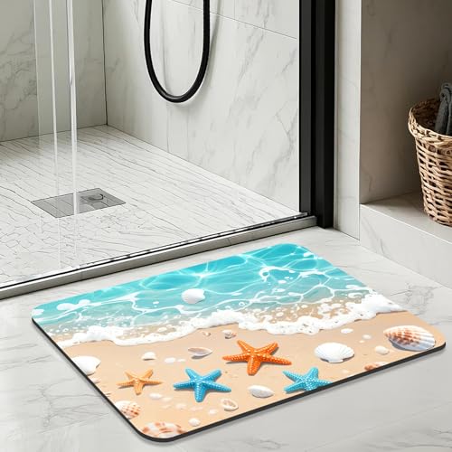 Quick Dry Bath Mat for Bathroom,Super Absorbent Beach Seashell Bath Rug Non-Slip Rubber Backing,Machine Washable Bathroom Floor Mat for Shower, Tub, Sink Area Ocean Blue 30x20 - color: Blue1, size: 1'8" x 2'6" (Rectangular)