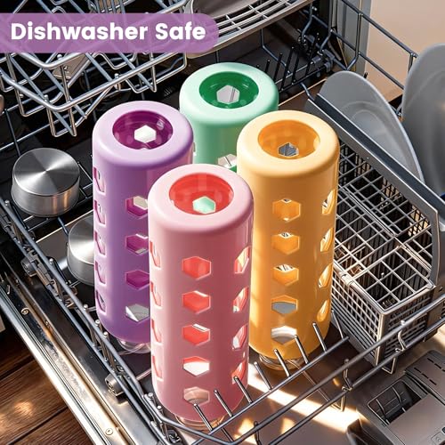 Mrsdry Glass Juice Bottles with Lids and Silicone Sleeves 18 oz, 4-Pack Reusable Clear Glass Water Bottles with Stainless Steel Airtight Cap for Juicing, Refrigerator, BPA Free Leak-Proof Drinking Jar - color: Mint