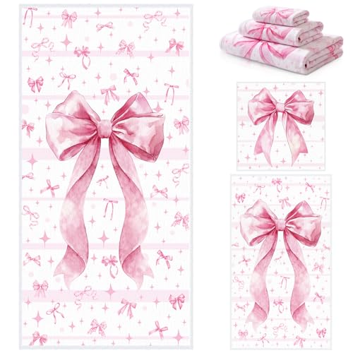 Moukeren Set of 3 Pink Bow Bath Towels Cute Coquette Large Bow Bath Towel Hand Towel and Washcloth Soft Decorative Towels for Girls Womens Bathroom Kitchen Pool Gym Spa Yoga - style: Large Bow
