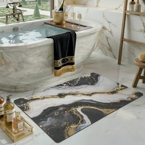Color&Geometry Ultra Thin Bathroom Rugs Non Slip,Absorbent Quick Dry Bath Mats for Bathroom,Thin Bath Rugs Washable with Rubber Backing Fit Under Door Outside Shower,Gold-Veined Marble,24"x36" - color: Black and White With Gold, size: 24"x36"