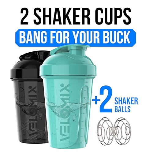 VELOMIX -2 Pack- 20 oz Protein Shaker Bottles for Protein Mixes - 2x Wire Whisk | Leak Proof Shaker Cups for Protein Shakes and Pre Workout | Protein Shaker Bottle Pack (A8) Black/Torquoise - color: A8) Black / Torquoise